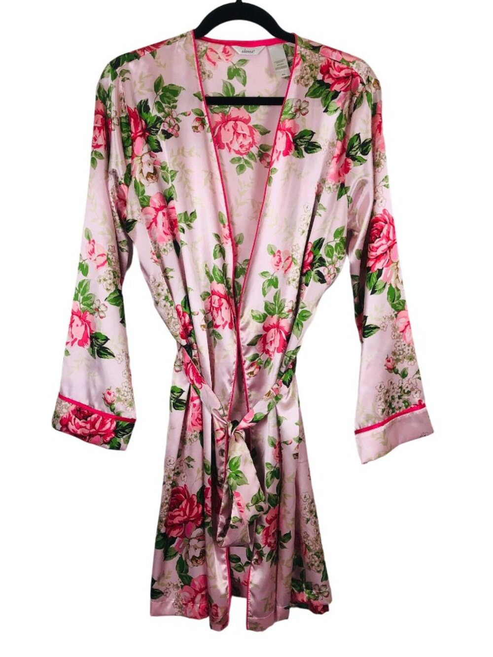Adonna Satin Robe Pink Roses Medium Belted Long Sleeve Sleepwear Dressing Gown